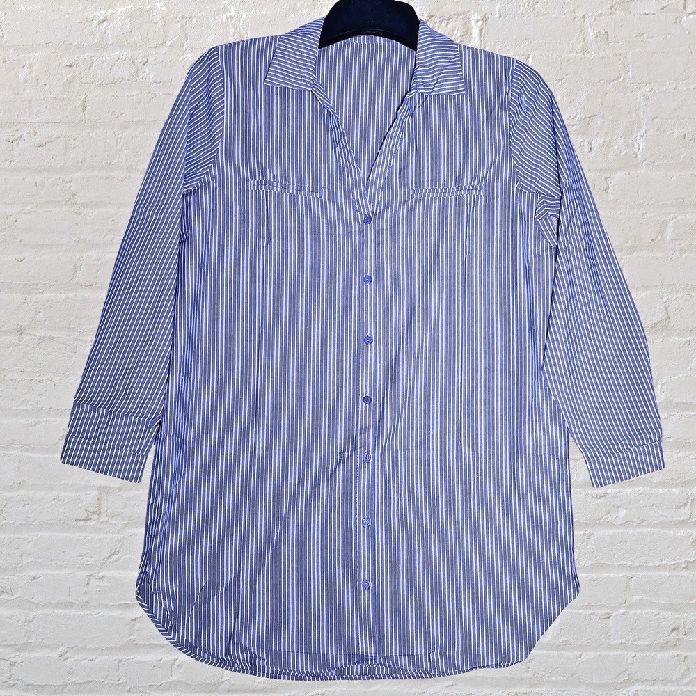 LIPSLIDE Long Sleeve Blue White Pinstripe Tunic Top Button Down‎ Size S NWOT